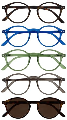 OPULIZE REY Gafas de Lectura + Lectura Solares - Pack de 5 - Montura Redonda - Marrón Mate, Azul, Verde, Gris, Marrón - Hombre Mujer - RRRRS56-23672 - +2.00