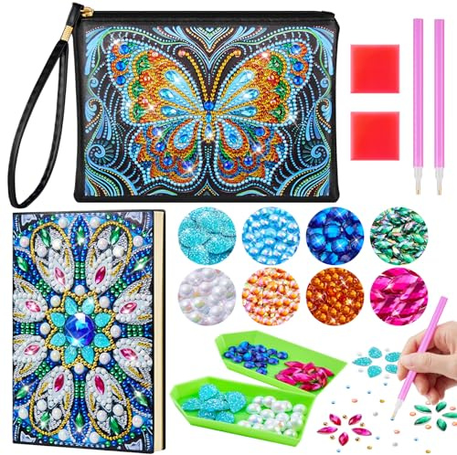 Enbagold Diamond Painting Kit Completo, Pittura Diamante Borsa e Taccuino A5, Diamond Painting Bambina, Regalo Bambina 6 7 8 9 10 Anni, Giochi Bambina 6-12 Anni Femmina -Farfalla Blu + Piuma Pavone