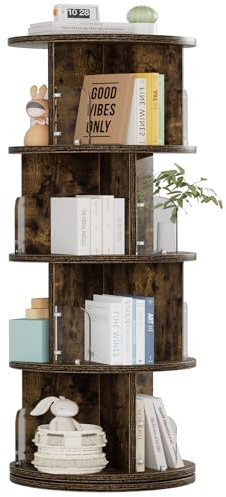 VECELO Rotating Bookshelf Tower, 360°Revolving Bookcase, Round Book Shelf Rotating, Stackable Storage Display Rack Floor Standing, Corner Bookshelf for Home Office, Brown