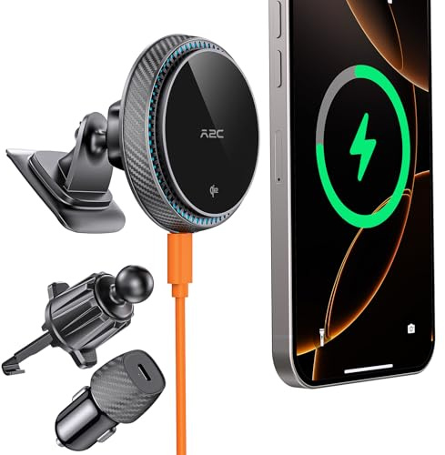 A2C QI2 15 W mobiltelefonhållare bil med laddningsfunktion 2-i-1 för Magsafe bilhållare med laddningsfunktion 360° magsafe laddare bil för iPhone 12 eller senare för Magsafe fodral smartphone