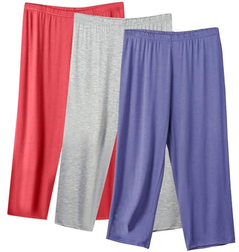 3 Pack, Capri Pants for Women UK Clearance Plus Size Elastic Waist Cropped Trousers Ladies Solid Color Pyjamas Bottoms Comfy Soft Lounge Pj Trouser Lightweight Capris Loose Pant Homewear, S-5XL