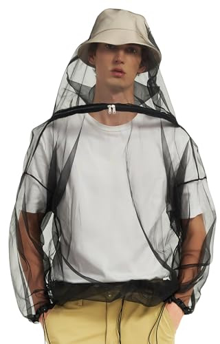 HENNCHEE Mosquito Jacket for Adult, Mesh Net Bug Hooded Jacket, Outdoor Protection Mosquito Proof Clothing Black L/XL