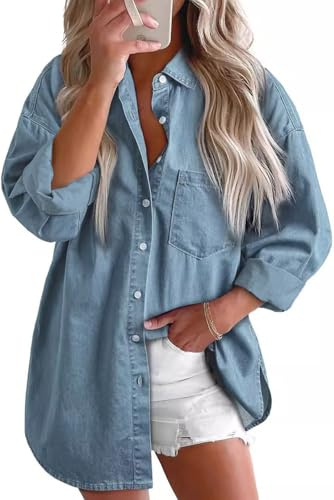 EUDOLAH Mujer Camisa Vaquera Denim Suave Corte Oversize Casual con Bolsillos y Cuello Polo(XL,Azul)