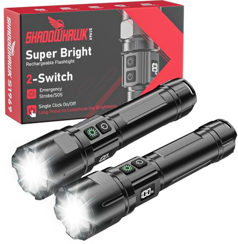 Shadowhawk Taschenlampe Led Aufladbar 2-Stück | Taktische Taschenlampe (2 Schalter) 500000 Lumen Extrem Hell, Bis zu 1000m Reichweite, 12h Laufzeit für Camping/Outdoor/Wandern, Anpassbare Helligkeit