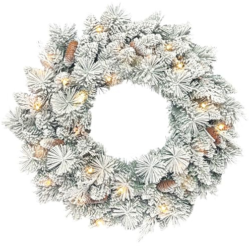 HOMCOM Couronne de Noël Lumineuse 60 cm avec 35 LED Blanc Chaud et minuterie, Couronne de Noël floquée pour Porte d'entrée, cheminée, Mur ou fenêtre, avec 98 Pointes et Pommes de pin, Vert et Blanc
