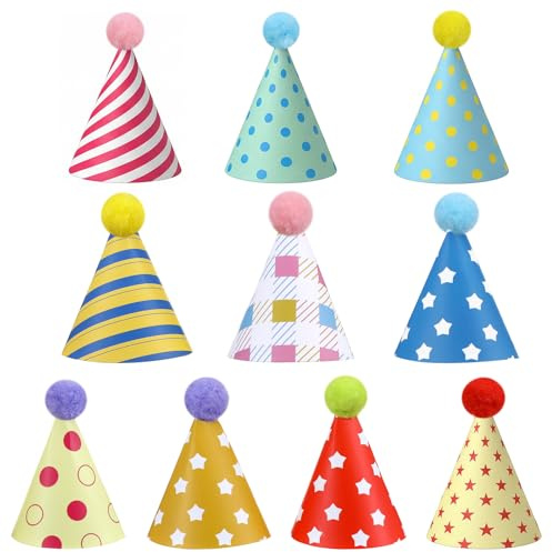 ADLABLD 10Pcs Macaron Birthday Party Hats with Pom Poms, Colorful Mini Party Hats Birthday Cone Hat for Dogs Stuffed Animals, Pastel Themed Paper Parties Celebration for Girls Boys Photo Props