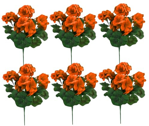 Bemonew 6 st konstgjorda pelargon, 35 cm livliga orangea blommor med stjälkar och löv falska pelargonväxter för hem trädgård gård uteplats