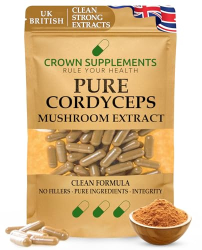 Pure Cordyceps Mushroom Powder | Clean Formula Fruiting Body Extracts | Polysaccharides Sinensis Supplement | Crown Supplements UK (90 Capsules)