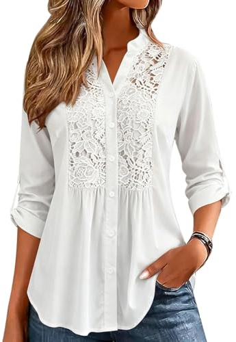 Minetom Chemisier Décontracté en Dentelle Tunique Femme Grande Taille Chic Blouse Élégant Fluide Manches Longues Tops Lâche T-Shirt Blanc 50