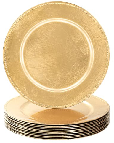 MAONAME Gold Charger Plates Set of 12, Foil 13 Plate Chargers with Beaded, Plastic Round Chargers for Dinner Plates, Table Setting