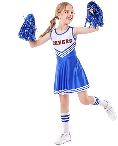 ALUCIC Mädchen Cheerleader Kostüm Cheerleading Uniform Karneval Fasching Party Halloween Kostüm Kleid Minirock mit 2 Pompoms und Socken (Blau, 134-140)