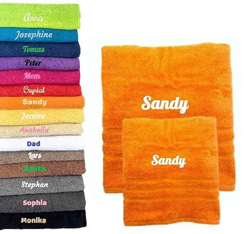 Pet-Jos 2er Pack Personalisiertes Handtuch und Badetuch mit Namen Schön gestickter Name Handbadetuch 100 % Baumwollhandtuch 50 x cm + 140 70 Personalized Custom Towel with (Orange)