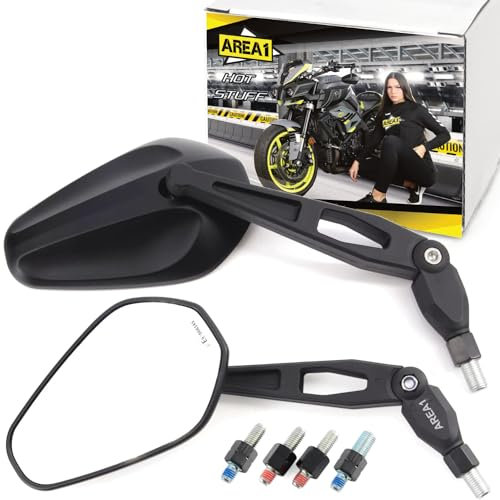 Area1 Universal Motorrad Rückspiegel Paar e-geprüft 2x M10 Rechtsgewinde + Linksgewindeadapter, passend für z.B. GSX-S GSF Bandit SV650 R12 S1000R/XR RnineT Scrambler R12 F750GS Tuono Brutale (V2)