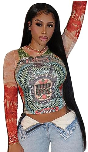 Women's Sexy Mesh See Through T Shirt Fashion Money Print Long Sleeve Crop Top Slim Tee Tops Red