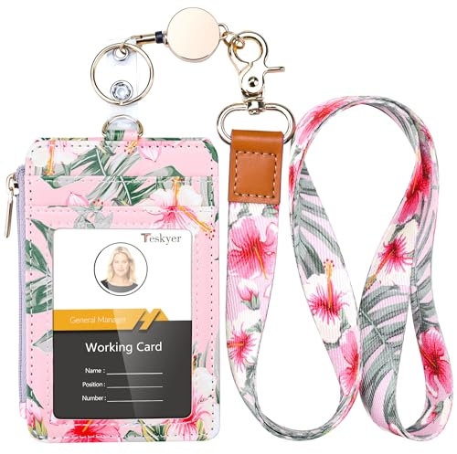 Teskyer Retractable Lanyard with Card Holder, Badge Holder with Zipper Pocket, Holds 4 Cards, with Clear Window, PU Leather, Vertical, Hibiscus
