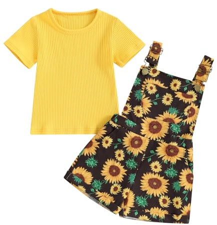 Geagodelia 2 Pezzi Compleito Pantaloncini Bretelle da Bambina Maglietta a Manica Corta A Coste in Tinta Unita con Stampa a Margherita Pantaloncini Interi Vestiti Estivi (B Nero, 18-24 Months)