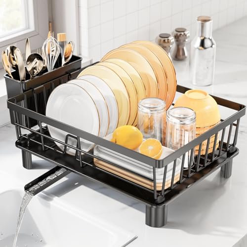 LIONONLY Dish Drainer Rack with Drip Tray,Space Saving Dish Rack,Steel Draining Board Rack with Utensil Holder,Detachable Dish Drying Rack for Kitchen