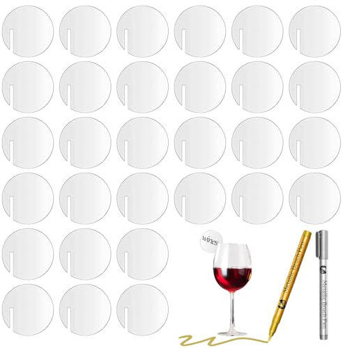 Graplan 30 Stück Acryl Getränk Tags, Glasmarkierer mit 2 Metallic Marker Stifte, Wiederverwendbare Acryl-Getränkeanhänger Kreis, Party Getränk Tag für Bar Hochzeit Weinprobe Party