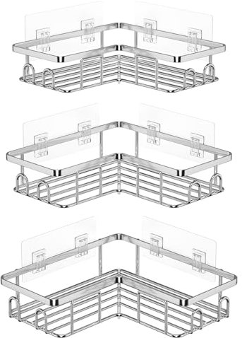 UUlioyer Mensola Doccia Angolare, Porta Sapone per Doccia Acciaio Inox, Porta Bagnoschiuma Shampoo senza foratura (Argento- 3 Pezzi)