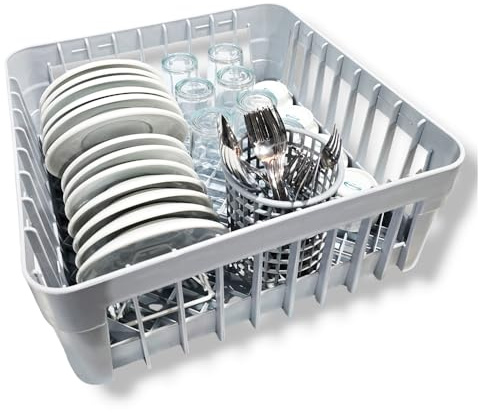 Set de Cesta para vasos 35x35 con soporte para platillos y cestillo redondo para cubiertos | Cesta para lavavasos Industriales | Bandeja 35x35 para lavavajillas y lavavasos de Bares y restaurantes