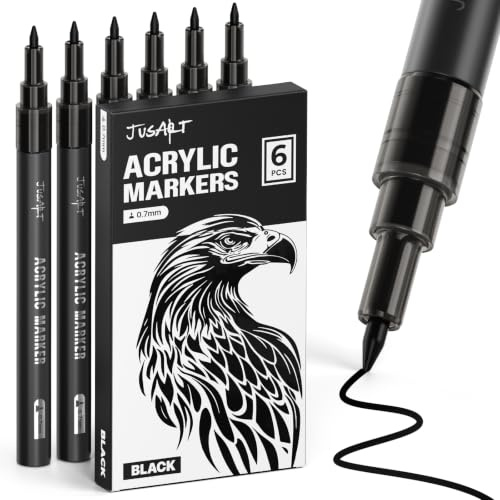 JusArt 0.7mm Fine Point Black Acrylic Paint Marker, 6 Pack | Black Paint Marker for Rock Painting, Art Projects, Ceramic, Glass, Wood, Metal, Fabric, DIY, Ideal for Art Supplies