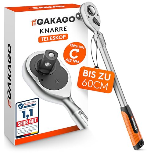 Gakago Cricchetto telescopico da 1/2 pollice fino a 60 cm - Cricchetto reversibile extra lungo con impugnatura ergonomica - Potenza superiore con oltre 615 Nm e ingranaggi precisi a 72 denti fini