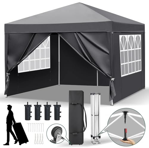 Bonnlo Gazebo with Sides 3m x 3m, One Button Quick Set Up Garden Tent with 4 Weight Bags & Wheeled Bag, Portable Event Shelter