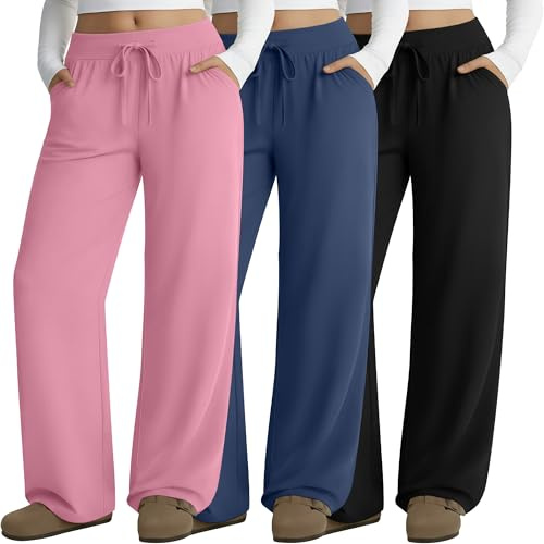 Neer Set da 3 Pantaloni da Lounge Grande Taglia per Donna Pantaloni da Yoga a Gamba Larga Ampi Jogger Casual(Nero, Blu, Rosa,4XL)
