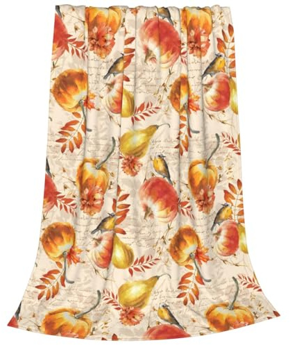 Coperta Autunnale con Zucche, Morbida e Leggera con Zucche Ornamentali e Uccelli in Flanella, Coperta Arancione Accogliente Anti-pelucchi, per Tutte le Stagioni Calda Decorazione Casa per Sedia Divano