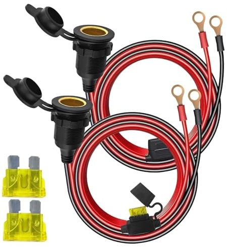 Lot de 2 Prise Allume Cigare Femelle Étanches 12V, Câble de Prise Allume-cigare avec Terminal à Œillet de 8mm, 24V Fiche Mâle Femelle avec 20A Fusible, pour Voiture Moto Bateau Camping Car