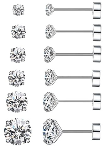 RENKE Cubic Zirconia Stud Earrings, 316L Surgical Stainless Steel Earrings for Women Men, Round Cut 4-Claw CZ Simulated Diamond, Hypoallergenic Jewellery, Silver Tone