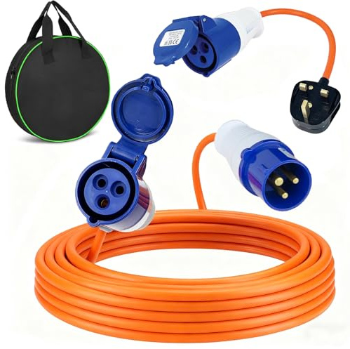 Caravan Hook Up Cable 10M, 240V 16A Camping Extension Lead with 3 Pin Fly Lead Converter and Carrying Bag, Power Cord Electric Extension Cable for Motorhomes Campervans