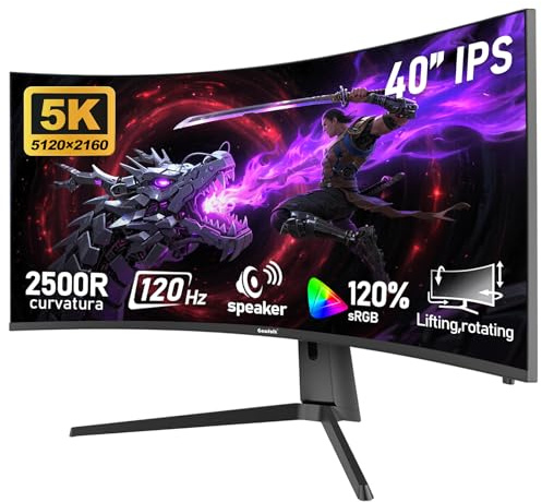 Gawfolk 40 inch IPS WUHD 5K (5120x2160) Ultrawide curved 120Hz gaming computer monitor, 2500R PC screen, 21:9, 120% sRGB, adaptive sync,With speaker,Supports lifting rotating, HDMI, DisplayPort, black