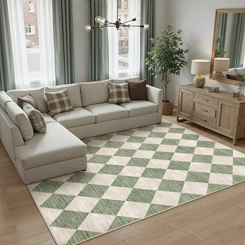 PureCozy Rugs Living Room Area Rug 160x230cm Green Washable | Bedroom Large Checkered Carpet,Non Slip,Lounge Office Dining Room Low Pile Modern Geometric Carpets