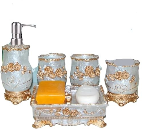 Badrumstillbehör set lyxigt badrumstillbehörsset, romantiska blommor, antikt harts toalettset, tillbehör, munkopp (färg6)
