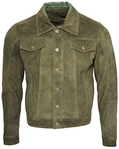 Infinity Camionero de Hombres Caqui Casuales Jeans Camisa de Cuero Gamuza de Cabra Jacke S