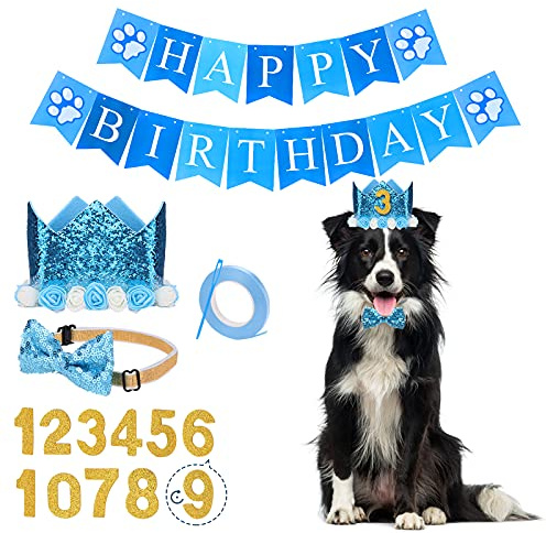 Suministros para fiestas de cumpleaños para perros, juego de decoraciones para fiestas de mascotas, corona de cumpleaños, pajarita brillante y pancarta de feliz cumpleaños para perros y gatos, azul