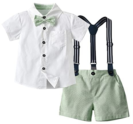 FYMNSI Ensemble de costume festif pour bébé garçon - 4 pièces - Chemise à manches courtes avec nœud papillon + bretelles + short - Pour mariage, anniversaire, baptême, vert, 3-4 Jahre