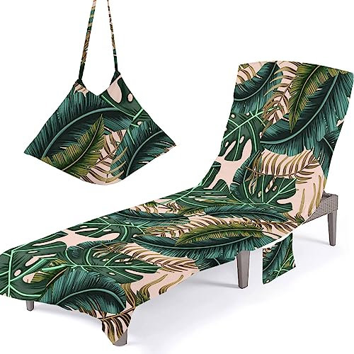 Surwin Toalla de playa para tumbonas, Fundas para Tumbonas con Bolsillos Laterales Hoja de banana Cubierta para Silla de Piscina para Verano Tumbona de Jardín Exteriores (75x210cm,Verde)