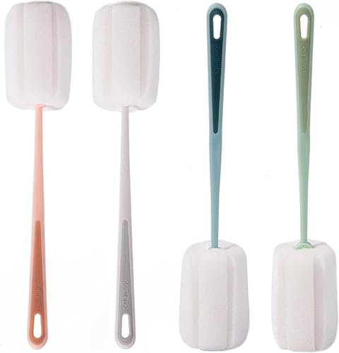 4 Pcs Sponge Cleaning Brush, Bottle Cleaner Brush Washing up Sponge with Handle Portable Cleaning Tool for Bottles Cups Teapot, 4 Colors