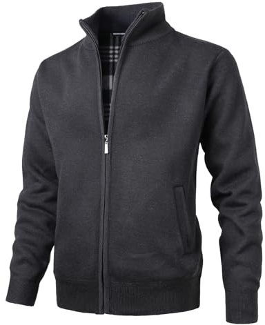 Herothorn Men's Knitted Cardigan Sweater Fleece Lined Knitwear Stand Collar Jumper Full Zip Outerwear Thin Jacket Black