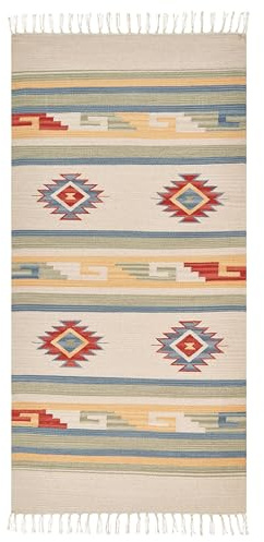 Beliani Alfombra Kilim de algodón Beige Azul Rojo 80 x 150 cm a Mano geométrico borlas Aparan
