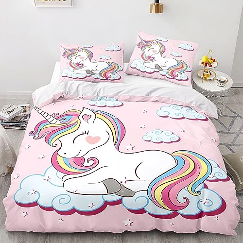 TSOPEFI Set di biancheria da letto per ragazze con unicorno rosa, set di copripiumino per bambini con motivo unicorno cartoon, copripiumino con nuvole arcobaleno e unicorni (220x240cm, A)