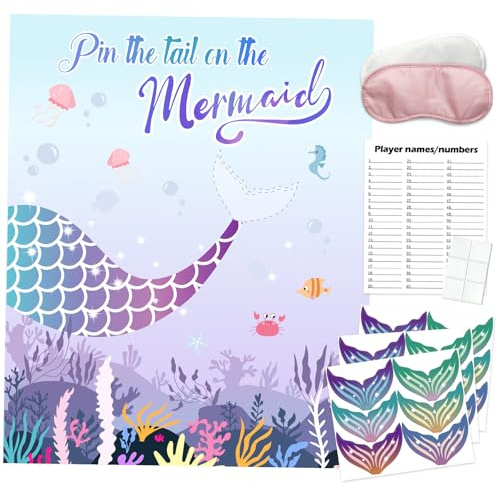 PINGAMOO Mermaid Party Games, Pin The Tail on The Mermaid, Mermaid Birthday Party Games Activities Supplies Favors for Classroom Activities Adults Boy Girls 18 Guests