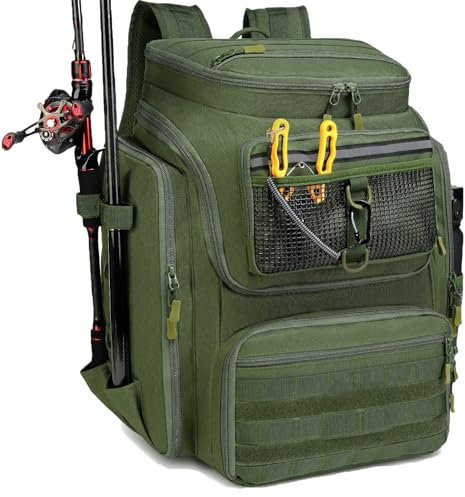 BlesMaller Angelrucksack mit Rutenhaltern 45L große Angeltasche wasserabweisend Angelausrüstung Rucksack für Angeln Wandern Camping Trekking