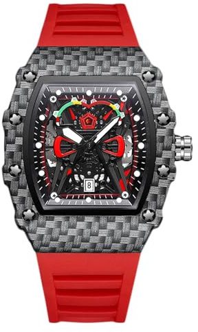 RORIOS Mode för herrmode tonneau sport analog kvarts Uhr Leuchtend Datum Kalender Uhren med silikonarmband för män rot, Rött, L