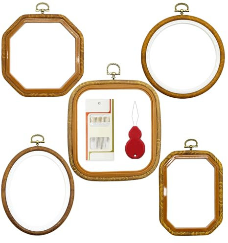 AMANDELIZABE Stickrahmen 5 Stücke Stickrahmen Ring Kunststoff Kreuzstich Hoop Set Stickerei Rahmen Embroidery Hoop Stickerei Kits Rechteck Rund Achteck Oval mit 1 Fadenentferner 1 Fadenführung