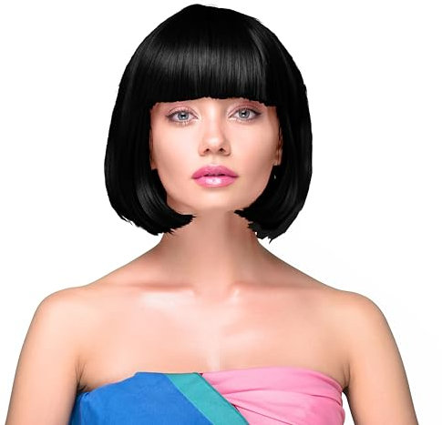 KarneLux Perücke Bob mit Pony - Kurzhaarperücke für Fasching, Karneval und Motto Partys - Damen Charleston Perücke im 20er Jahre Look (Schwarz)