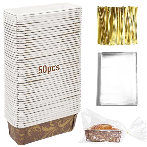 FDKYOEK 50 PCS Paper Loaf Pans for Baking, 6.3 x 2.2 x 2.2 Inch Small Disposable Baking Pans with Clear Plastic Bags and Ties, Rectangle Paper Bread Pans for Cake Bread Oven Loaf Bakery