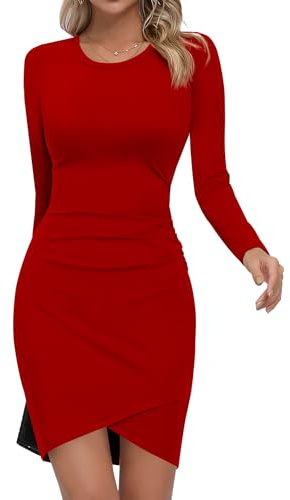 Missufe Abito da donna Bodycon per il tempo libero aderente a maniche lunghe mini abito elegante basic corto vestiti, Colore: rosso, XXL